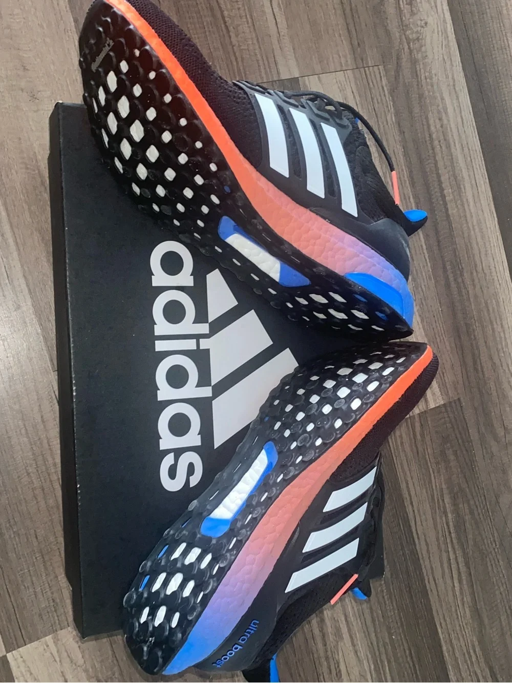 adidas Ultraboost men/women KEEP GOING Black Sneakers Blue and Orange Accents